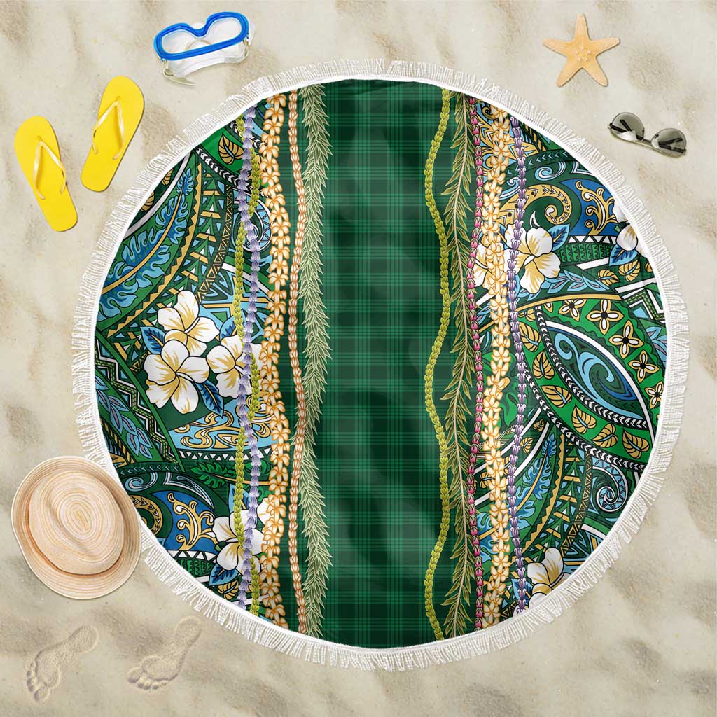 Hawaiian Art Flower Tribal with Lei Beach Blanket Palaka Pattern Green Color - Polynesian Pride