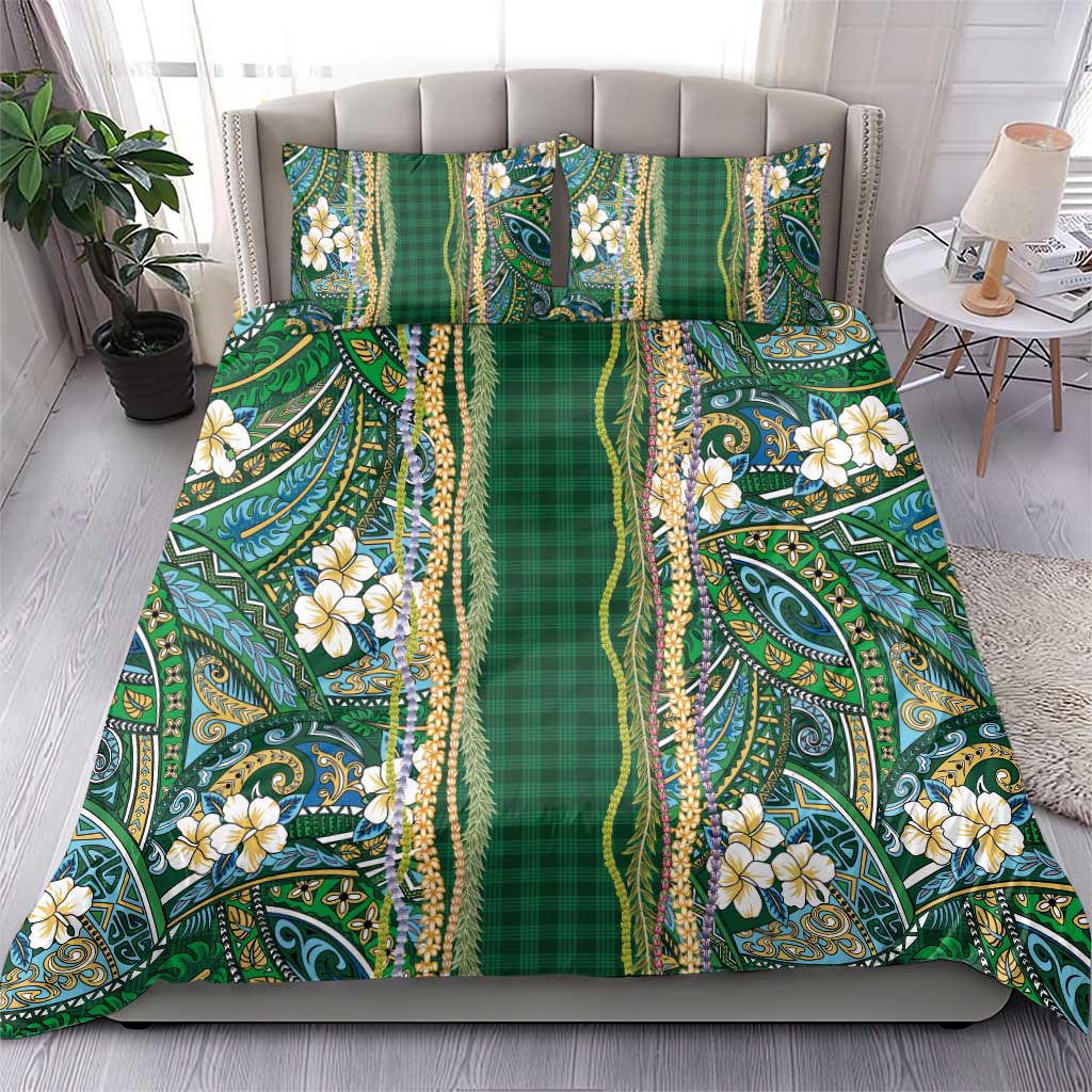Hawaiian Art Flower Tribal with Lei Bedding Set Palaka Pattern Green Color - Polynesian Pride