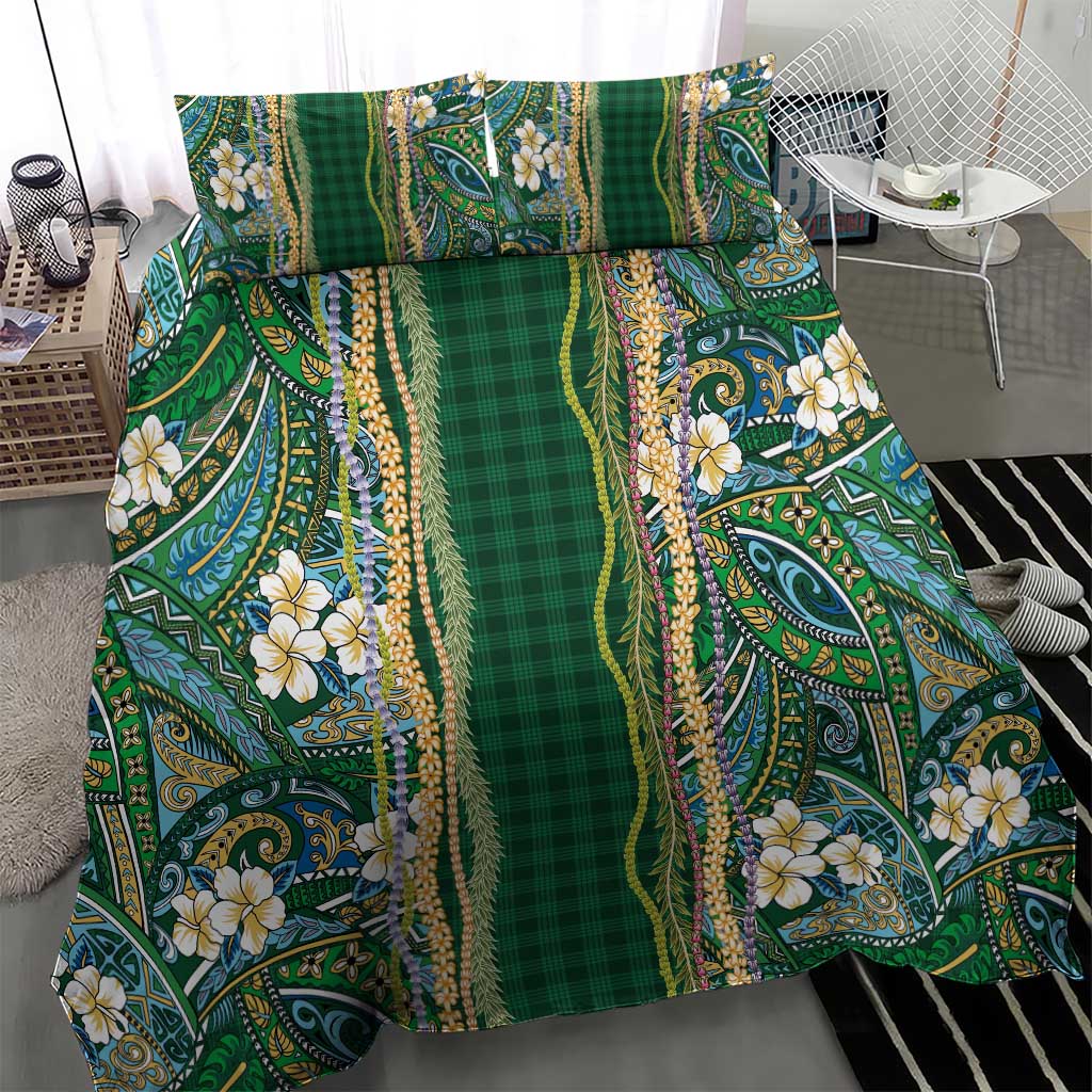 Hawaiian Art Flower Tribal with Lei Bedding Set Palaka Pattern Green Color - Polynesian Pride