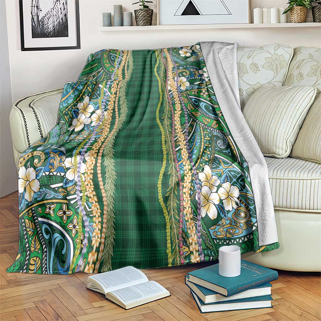 Hawaiian Art Flower Tribal with Lei Blanket Palaka Pattern Green Color - Polynesian Pride