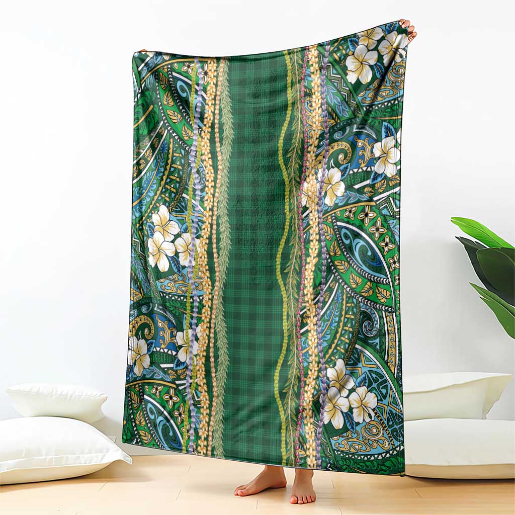 Hawaiian Art Flower Tribal with Lei Blanket Palaka Pattern Green Color - Polynesian Pride