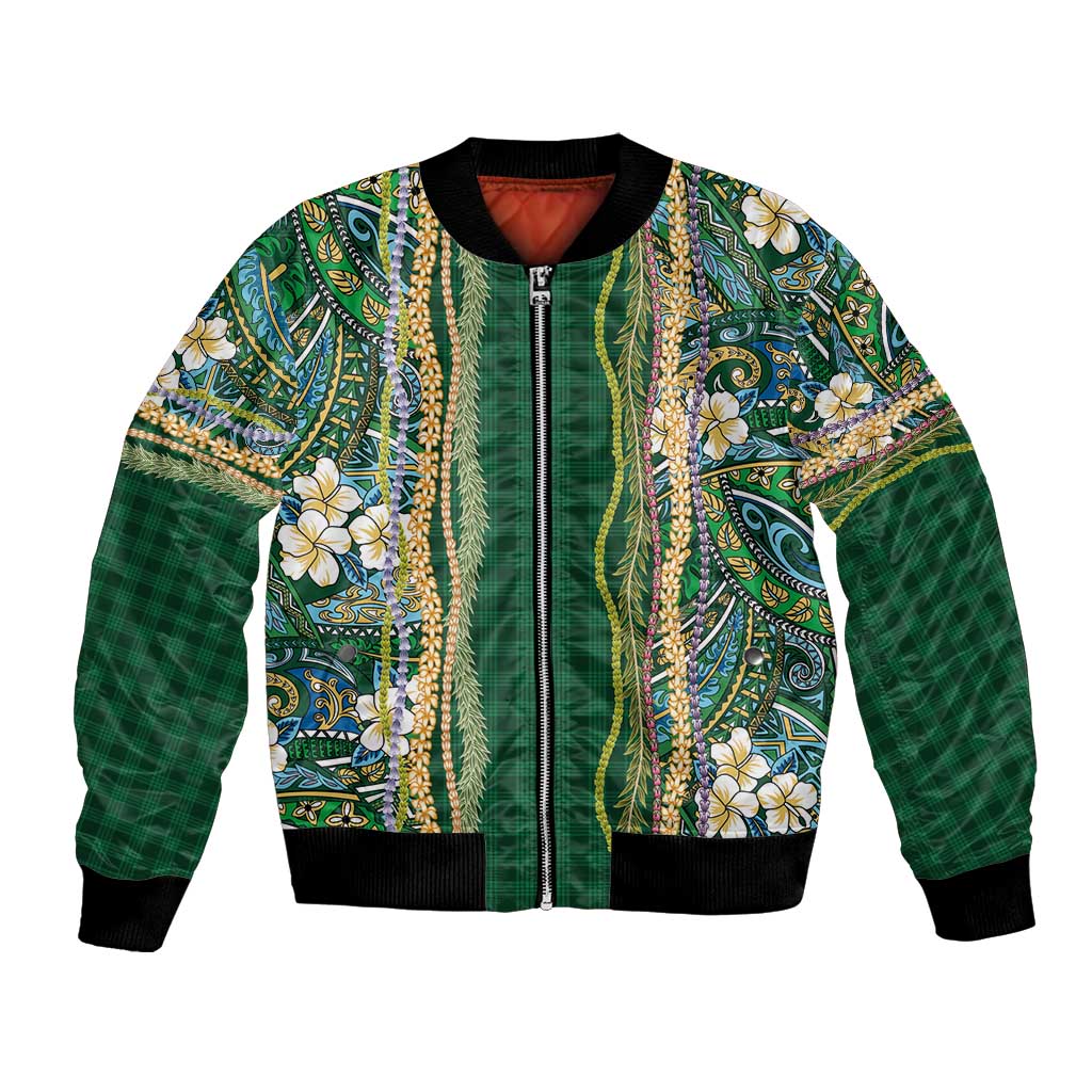 Hawaiian Art Flower Tribal with Lei Bomber Jacket Palaka Pattern Green Color - Polynesian Pride