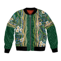 Hawaiian Art Flower Tribal with Lei Bomber Jacket Palaka Pattern Green Color - Polynesian Pride