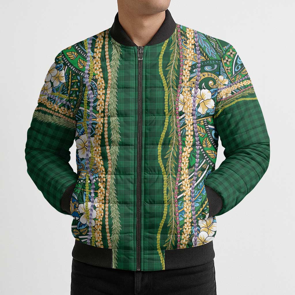 Hawaiian Art Flower Tribal with Lei Bomber Puffer Jacket Palaka Pattern Green Color LT03 - Polynesian Pride
