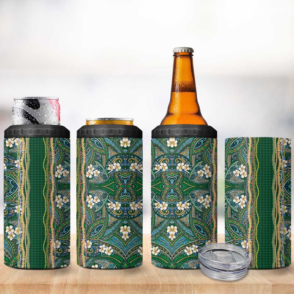 Hawaiian Art Flower Tribal with Lei 4 in 1 Can Cooler Tumbler Palaka Pattern Green Color - Polynesian Pride