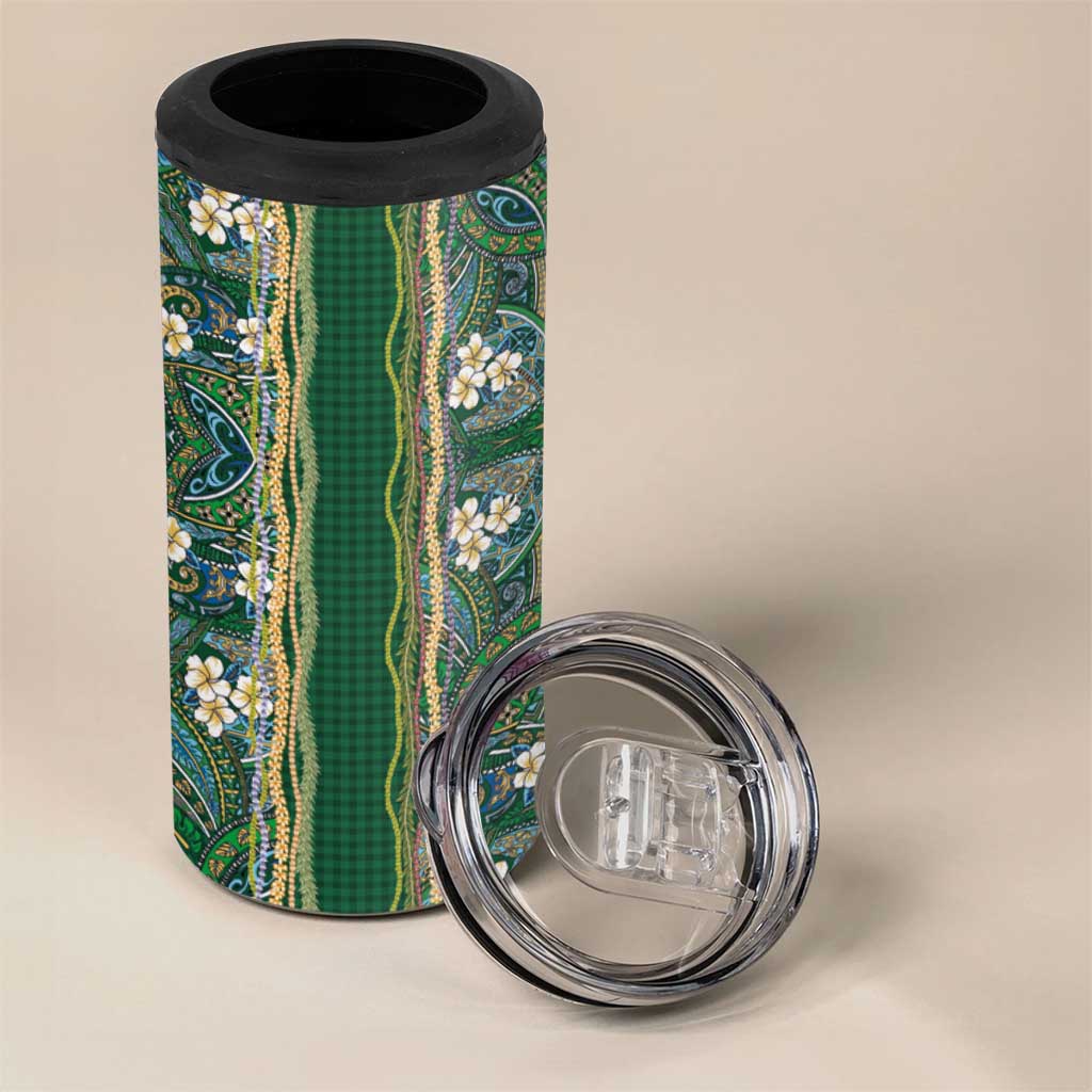 Hawaiian Art Flower Tribal with Lei 4 in 1 Can Cooler Tumbler Palaka Pattern Green Color - Polynesian Pride