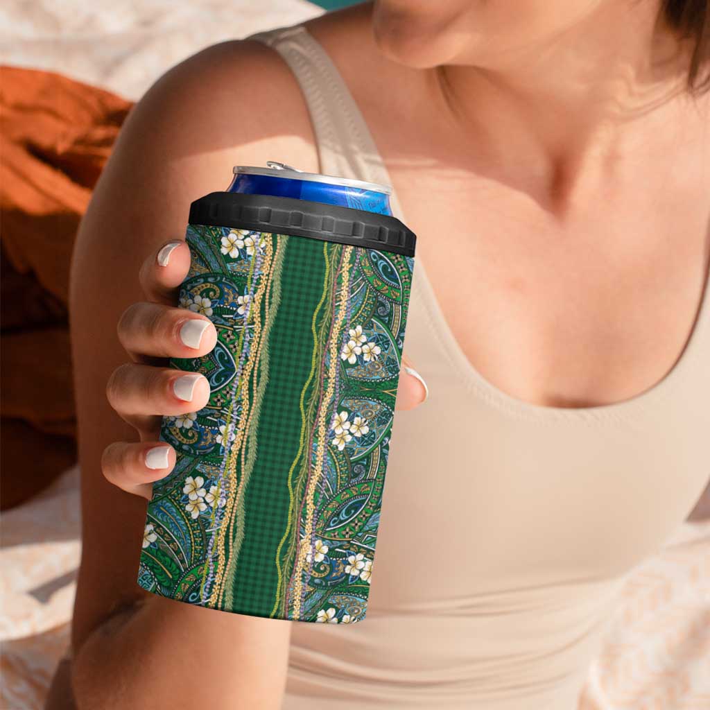 Hawaiian Art Flower Tribal with Lei 4 in 1 Can Cooler Tumbler Palaka Pattern Green Color - Polynesian Pride