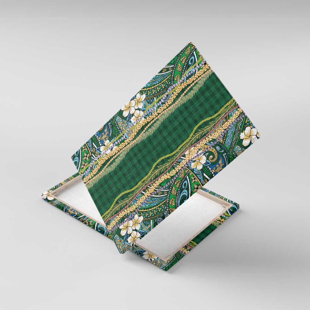 Hawaiian Art Flower Tribal with Lei Canvas Wall Art Palaka Pattern Green Color LT03 With Frame Green - Polynesian Pride