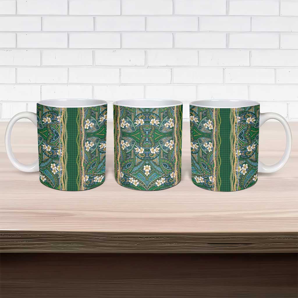 Hawaiian Art Flower Tribal with Lei Ceramic Mug Palaka Pattern Green Color LT03 - Polynesian Pride