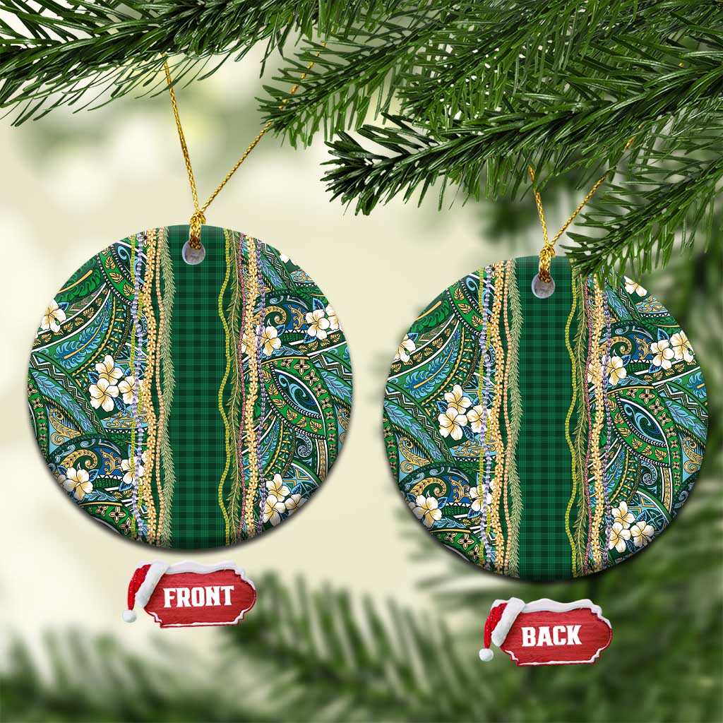 Hawaiian Art Flower Tribal with Lei Ceramic Ornament Palaka Pattern Green Color - Polynesian Pride