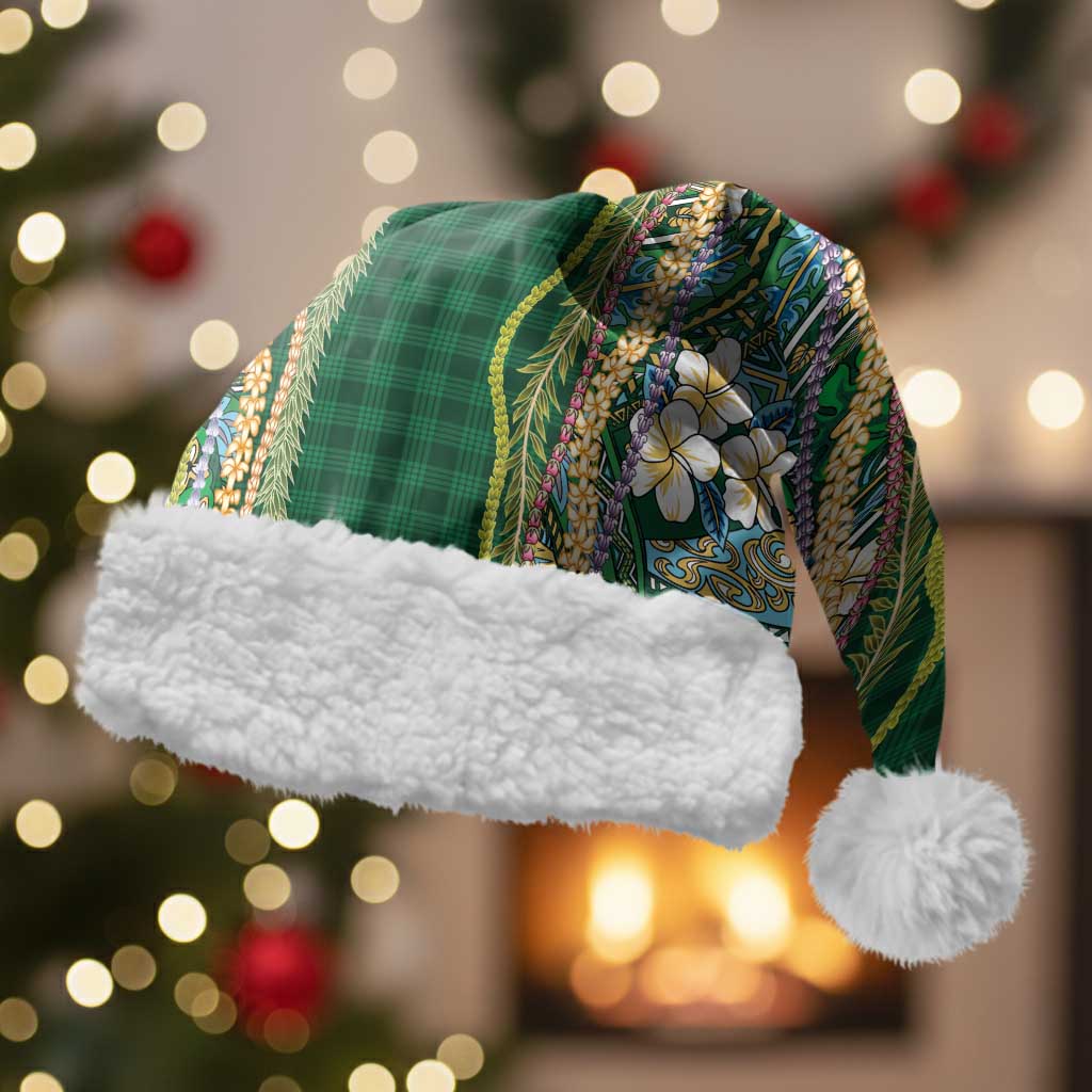 Hawaiian Art Flower Tribal with Lei Christmas Santa Hat Palaka Pattern Green Color - Polynesian Pride