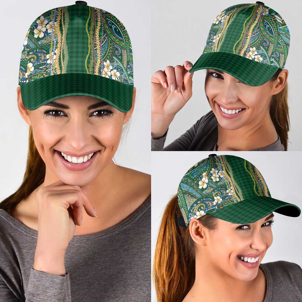 Hawaiian Art Flower Tribal with Lei Classic Cap Palaka Pattern Green Color LT03 - Polynesian Pride