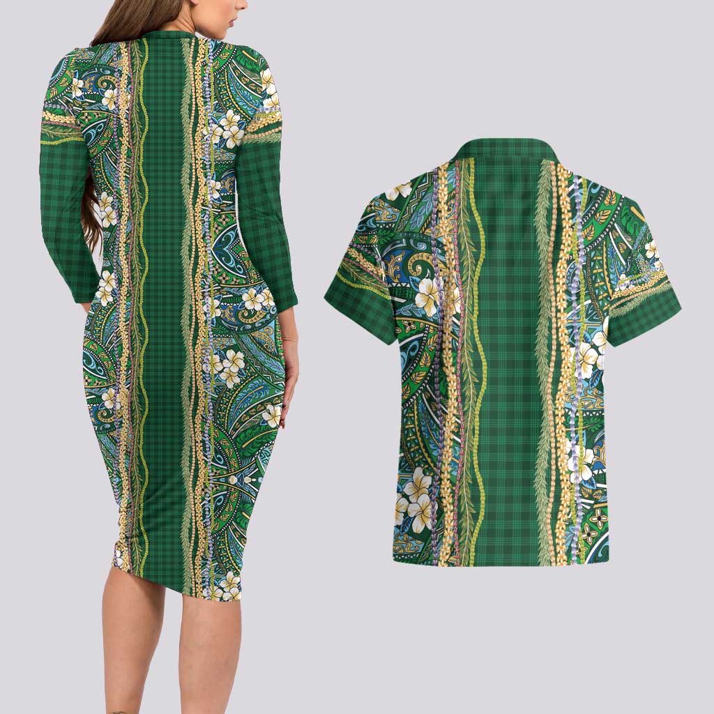 Hawaiian Art Flower Tribal with Lei Couples Matching Long Sleeve Bodycon Dress and Hawaiian Shirt Palaka Pattern Green Color - Polynesian Pride
