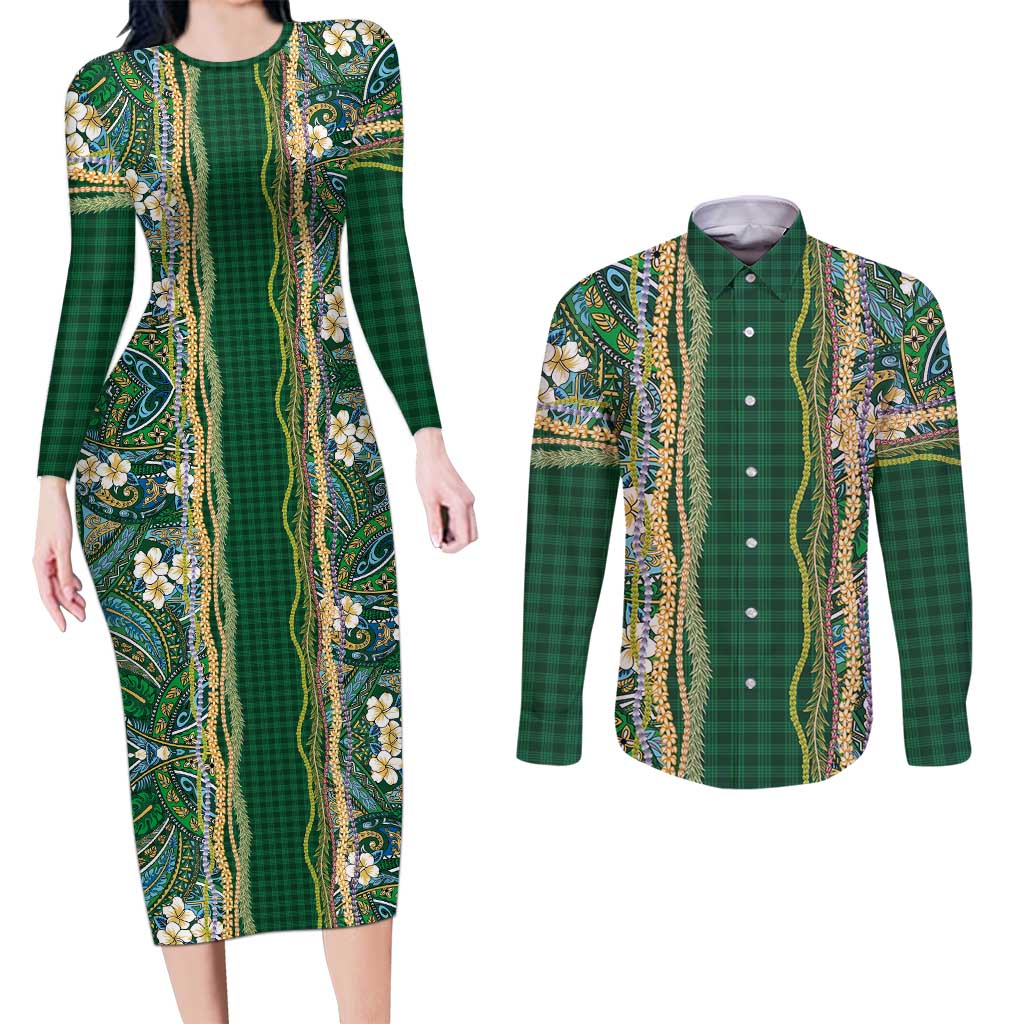 Hawaiian Art Flower Tribal with Lei Couples Matching Long Sleeve Bodycon Dress and Long Sleeve Button Shirt Palaka Pattern Green Color - Polynesian Pride