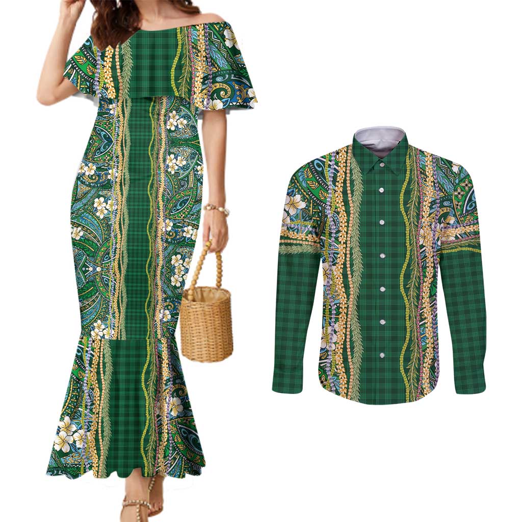 Hawaiian Art Flower Tribal with Lei Couples Matching Mermaid Dress and Long Sleeve Button Shirt Palaka Pattern Green Color - Polynesian Pride