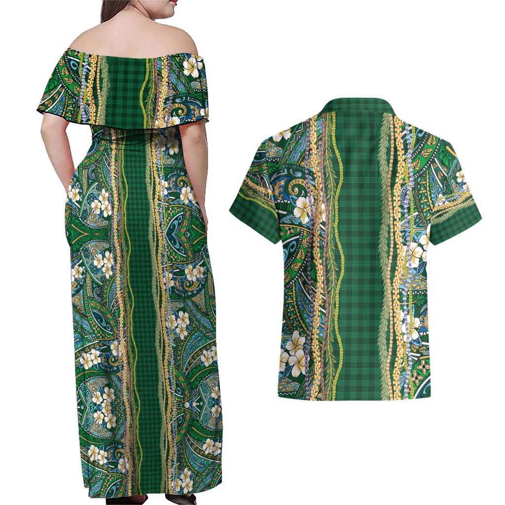 Hawaiian Art Flower Tribal with Lei Couples Matching Off Shoulder Maxi Dress and Hawaiian Shirt Palaka Pattern Green Color - Polynesian Pride