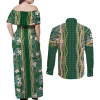 Hawaiian Art Flower Tribal with Lei Couples Matching Off Shoulder Maxi Dress and Long Sleeve Button Shirt Palaka Pattern Green Color - Polynesian Pride