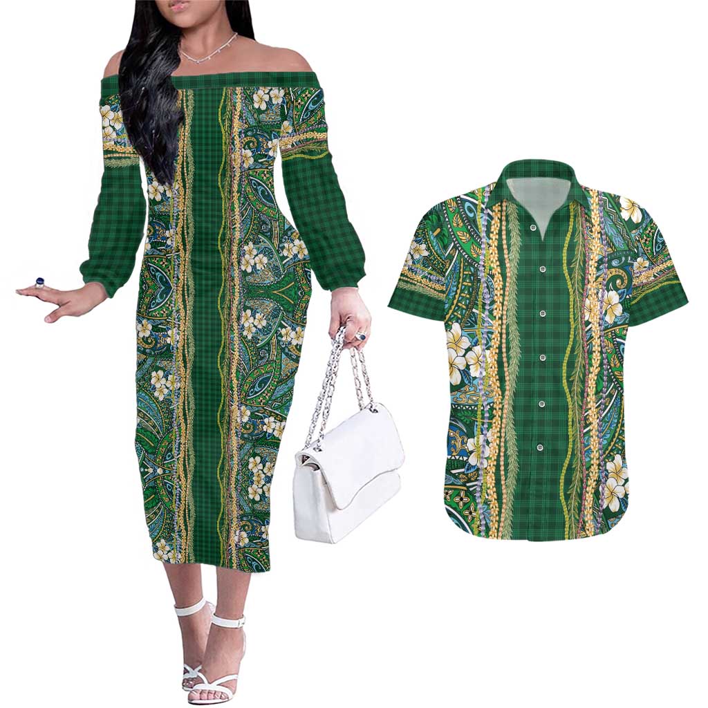 Hawaiian Art Flower Tribal with Lei Couples Matching Off The Shoulder Long Sleeve Dress and Hawaiian Shirt Palaka Pattern Green Color - Polynesian Pride