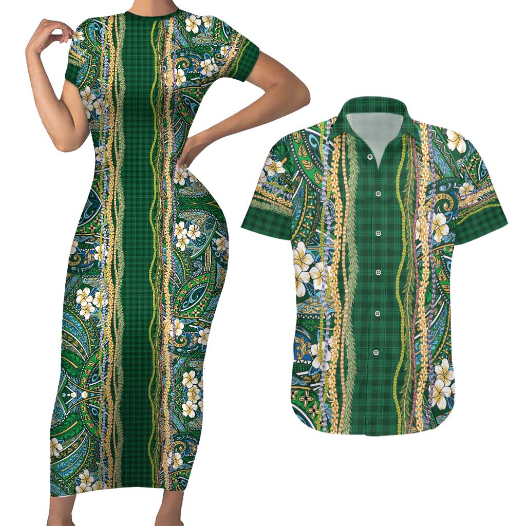 Hawaiian Art Flower Tribal with Lei Couples Matching Short Sleeve Bodycon Dress and Hawaiian Shirt Palaka Pattern Green Color - Polynesian Pride