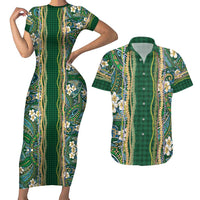 Hawaiian Art Flower Tribal with Lei Couples Matching Short Sleeve Bodycon Dress and Hawaiian Shirt Palaka Pattern Green Color - Polynesian Pride