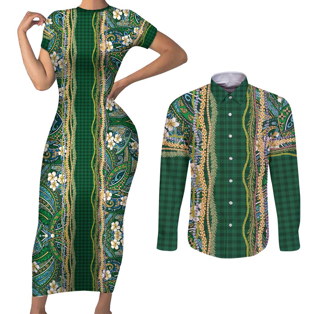 Hawaiian Art Flower Tribal with Lei Couples Matching Short Sleeve Bodycon Dress and Long Sleeve Button Shirt Palaka Pattern Green Color - Polynesian Pride