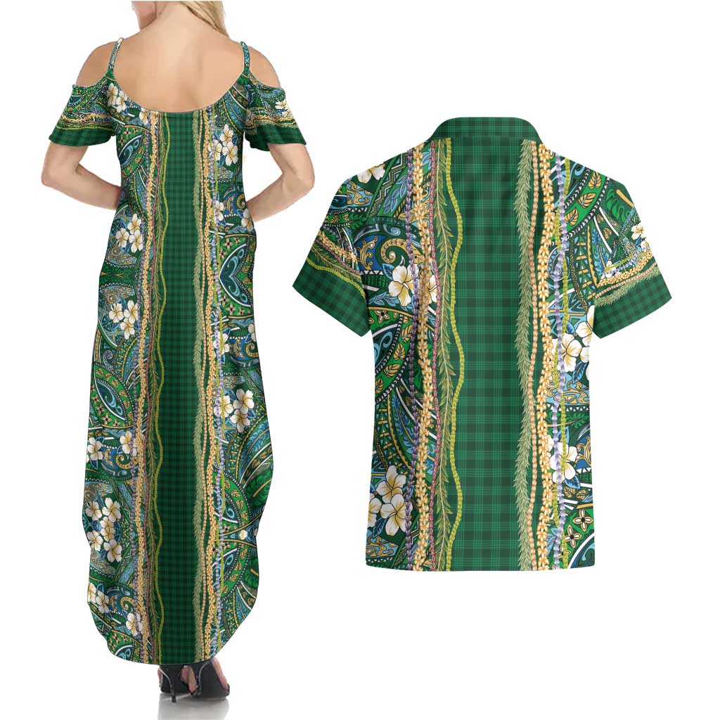 Hawaiian Art Flower Tribal with Lei Couples Matching Summer Maxi Dress and Hawaiian Shirt Palaka Pattern Green Color - Polynesian Pride