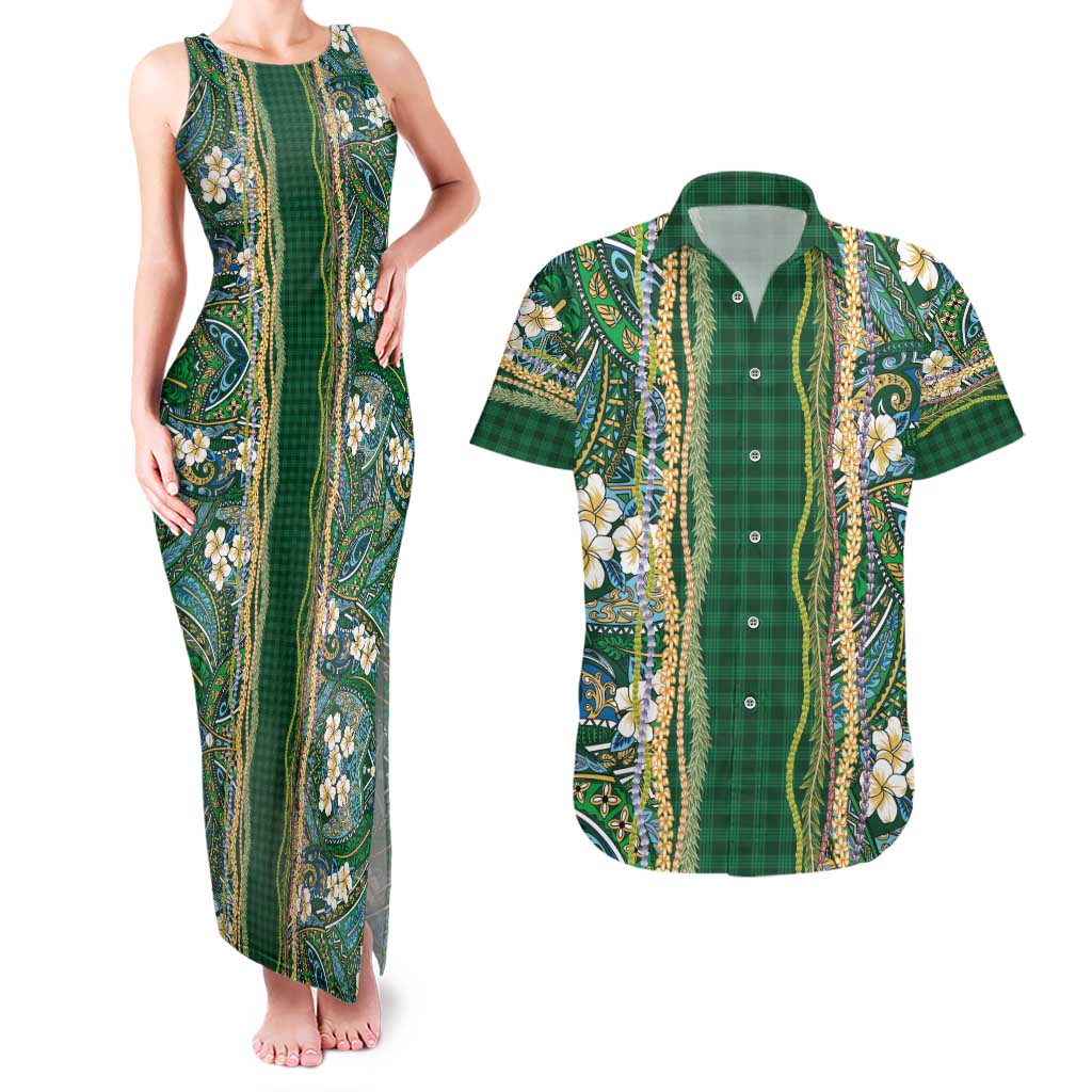 Hawaiian Art Flower Tribal with Lei Couples Matching Tank Maxi Dress and Hawaiian Shirt Palaka Pattern Green Color - Polynesian Pride