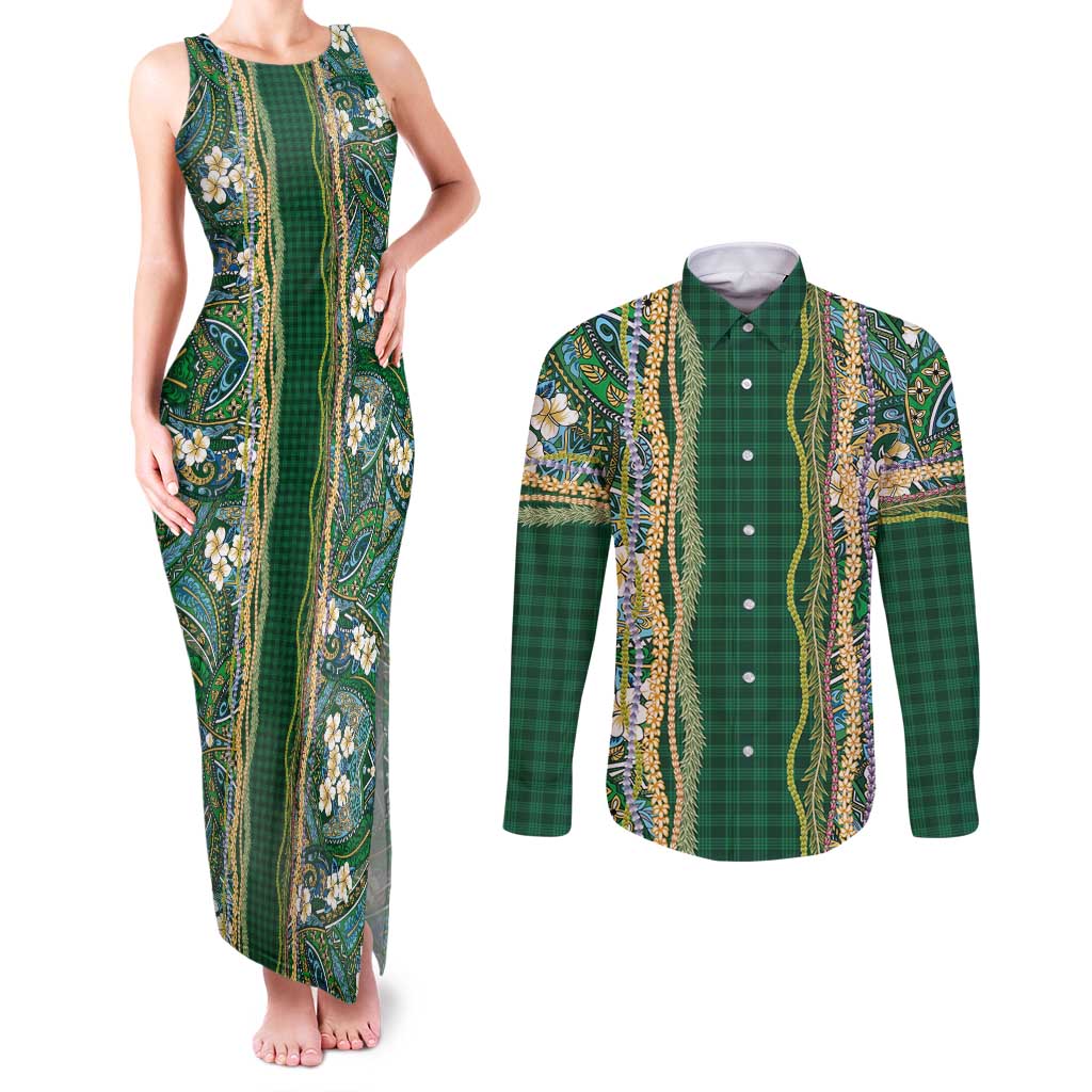 Hawaiian Art Flower Tribal with Lei Couples Matching Tank Maxi Dress and Long Sleeve Button Shirt Palaka Pattern Green Color - Polynesian Pride