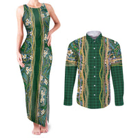 Hawaiian Art Flower Tribal with Lei Couples Matching Tank Maxi Dress and Long Sleeve Button Shirt Palaka Pattern Green Color - Polynesian Pride