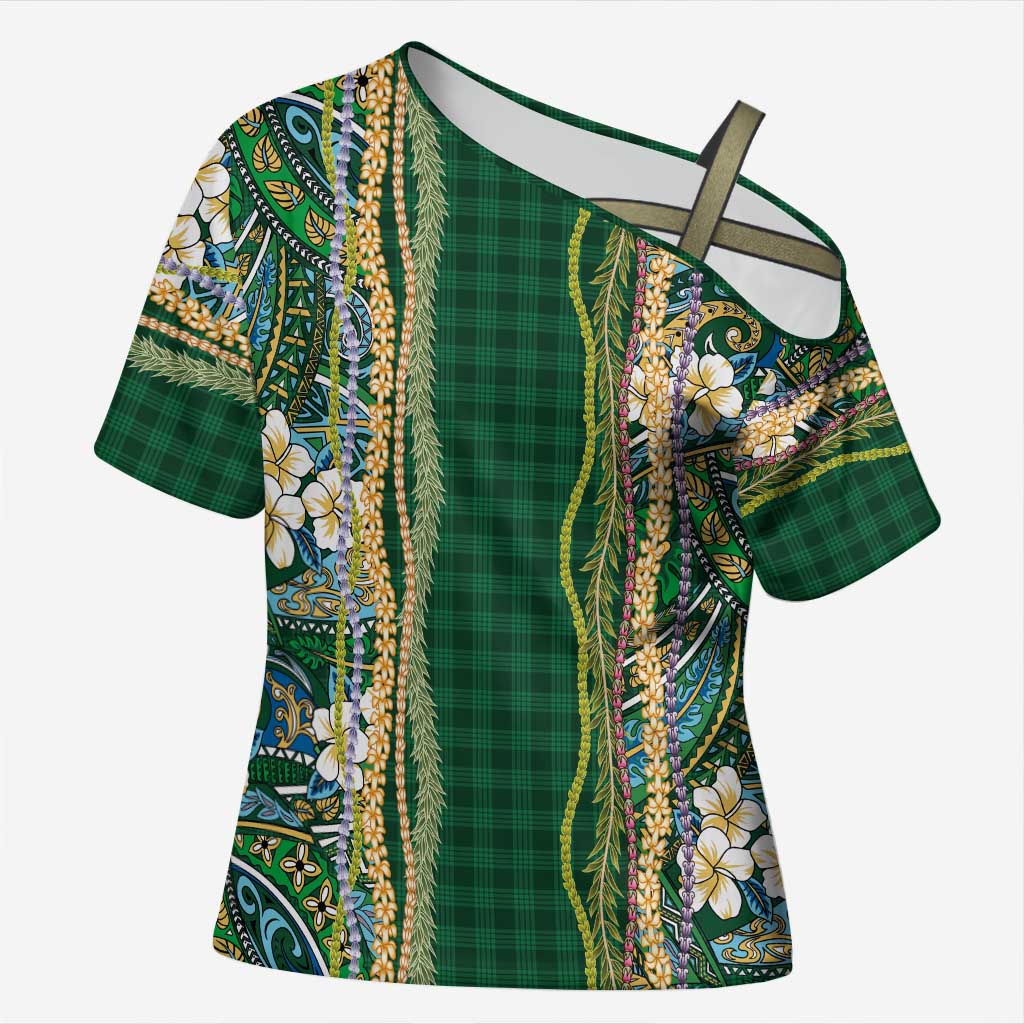 Hawaiian Art Flower Tribal with Lei Cross Shoulder Shirt Palaka Pattern Green Color LT03 Female Green - Polynesian Pride
