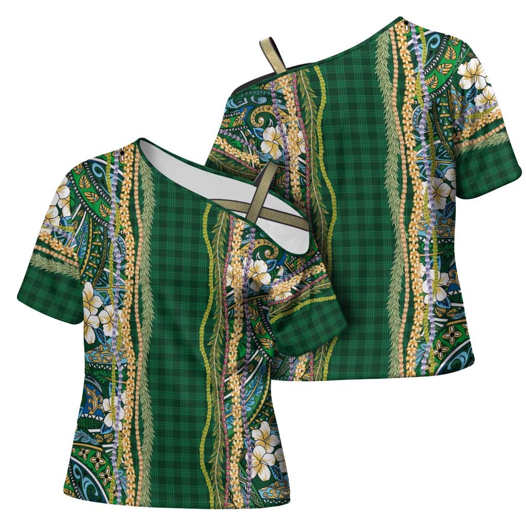 Hawaiian Art Flower Tribal with Lei Cross Shoulder Shirt Palaka Pattern Green Color LT03 - Polynesian Pride