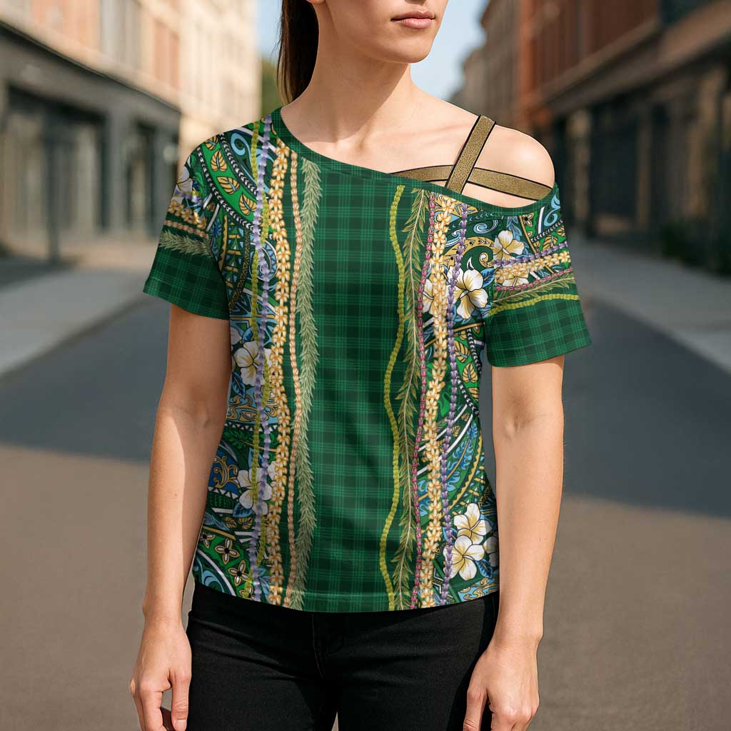 Hawaiian Art Flower Tribal with Lei Cross Shoulder Shirt Palaka Pattern Green Color LT03 - Polynesian Pride
