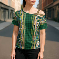 Hawaiian Art Flower Tribal with Lei Cross Shoulder Shirt Palaka Pattern Green Color LT03 - Polynesian Pride