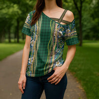 Hawaiian Art Flower Tribal with Lei Cross Shoulder Shirt Palaka Pattern Green Color LT03 - Polynesian Pride
