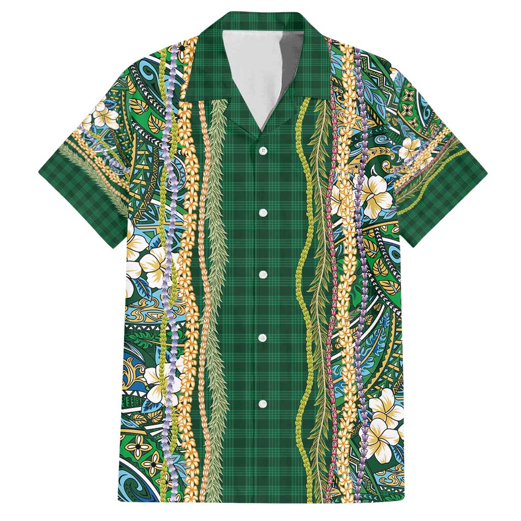 Hawaiian Art Flower Tribal with Lei Family Matching Long Sleeve Bodycon Dress and Hawaiian Shirt Palaka Pattern Green Color - Polynesian Pride