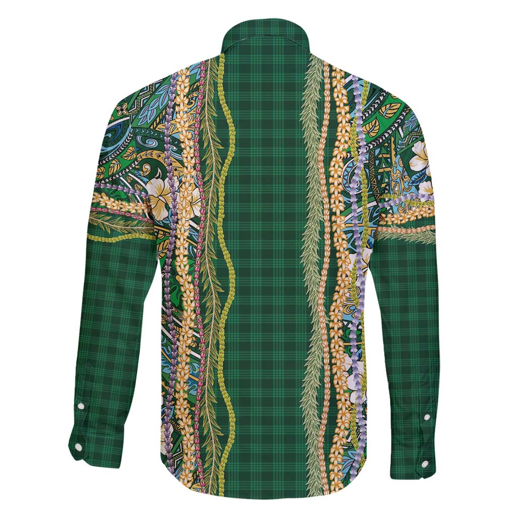 Hawaiian Art Flower Tribal with Lei Family Matching Long Sleeve Bodycon Dress and Hawaiian Shirt Palaka Pattern Green Color - Polynesian Pride