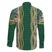 Hawaiian Art Flower Tribal with Lei Family Matching Long Sleeve Bodycon Dress and Hawaiian Shirt Palaka Pattern Green Color - Polynesian Pride