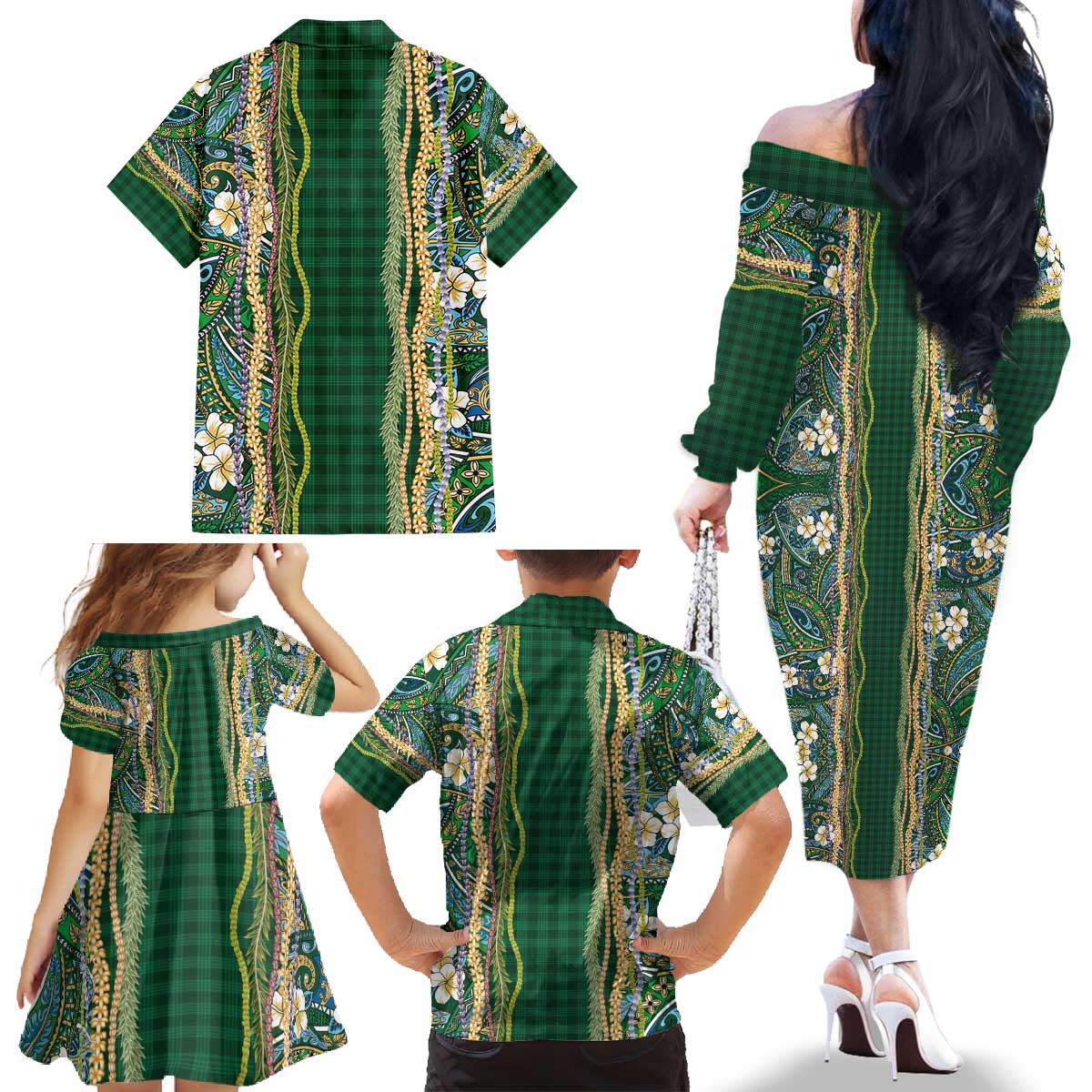 Hawaiian Art Flower Tribal with Lei Family Matching Off The Shoulder Long Sleeve Dress and Hawaiian Shirt Palaka Pattern Green Color - Polynesian Pride