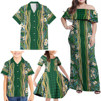 Hawaiian Art Flower Tribal with Lei Family Matching Off Shoulder Maxi Dress and Hawaiian Shirt Palaka Pattern Green Color - Polynesian Pride