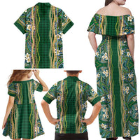 Hawaiian Art Flower Tribal with Lei Family Matching Off Shoulder Maxi Dress and Hawaiian Shirt Palaka Pattern Green Color - Polynesian Pride