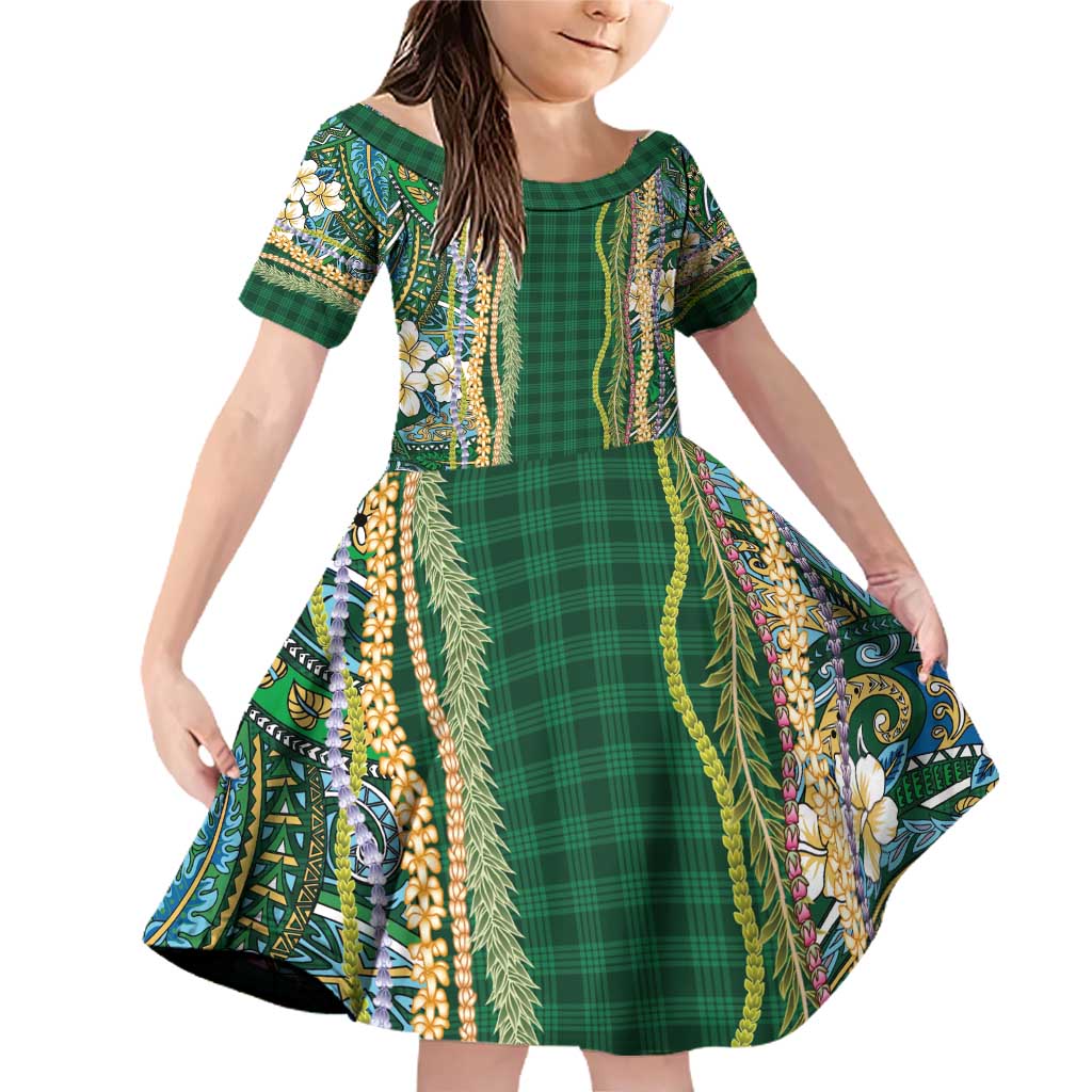 Hawaiian Art Flower Tribal with Lei Family Matching Off Shoulder Short Dress and Hawaiian Shirt Palaka Pattern Green Color - Polynesian Pride