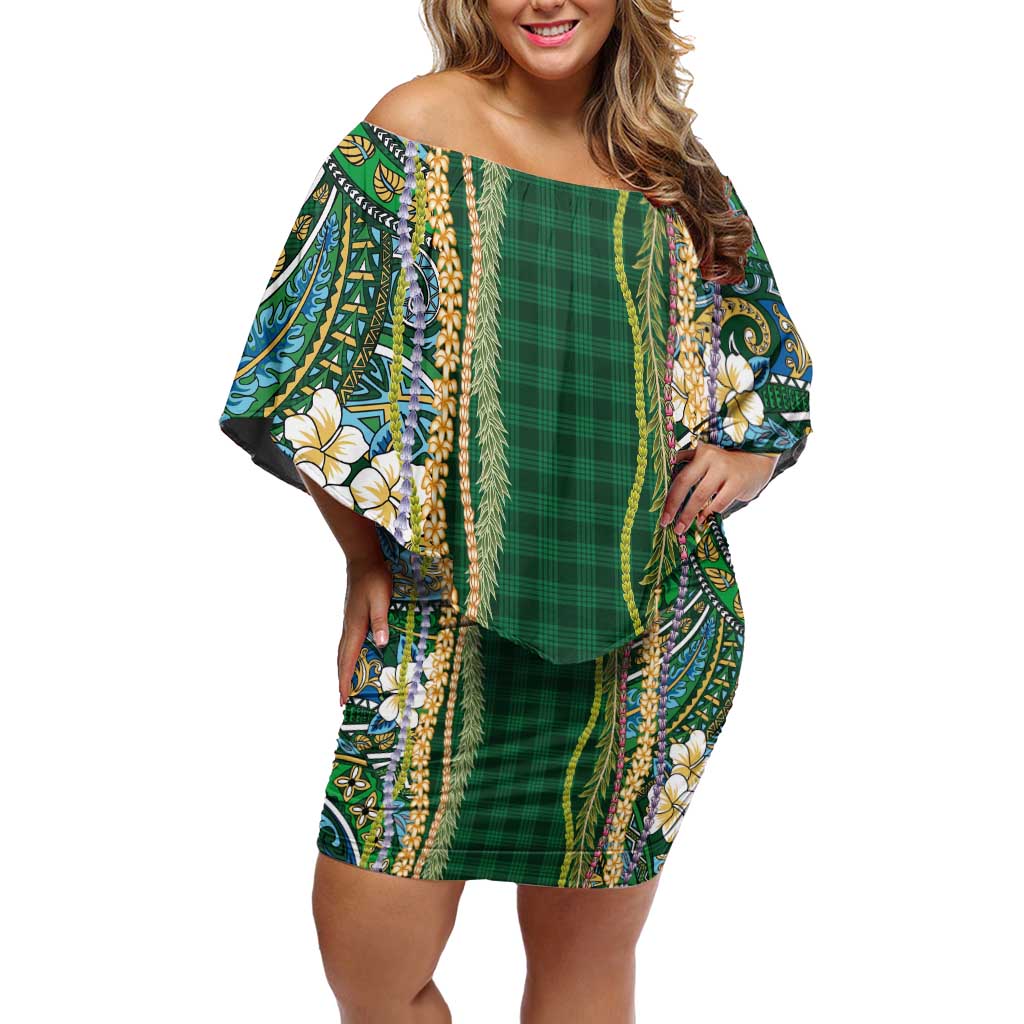 Hawaiian Art Flower Tribal with Lei Family Matching Off Shoulder Short Dress and Hawaiian Shirt Palaka Pattern Green Color - Polynesian Pride