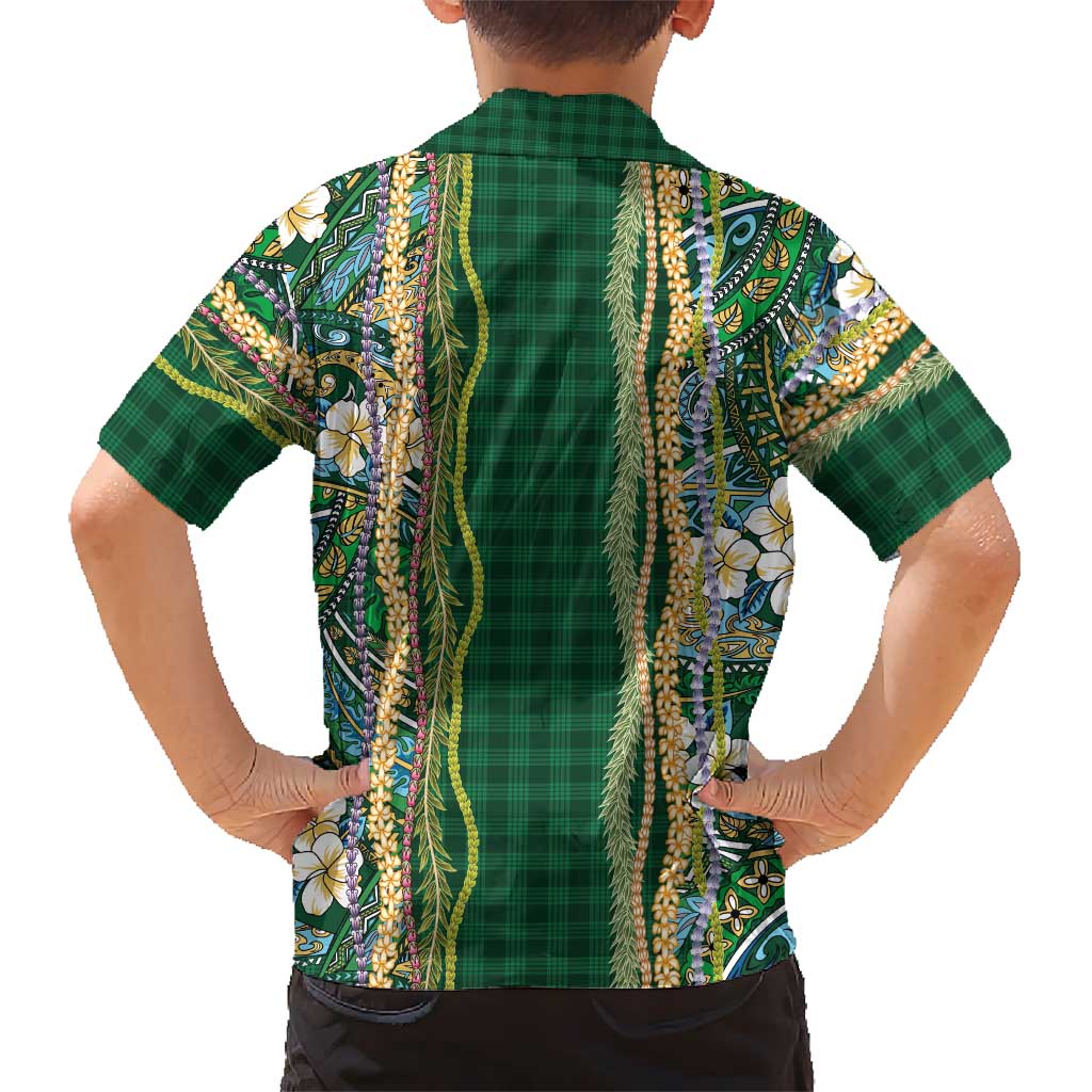 Hawaiian Art Flower Tribal with Lei Family Matching Puletasi and Hawaiian Shirt Palaka Pattern Green Color - Polynesian Pride