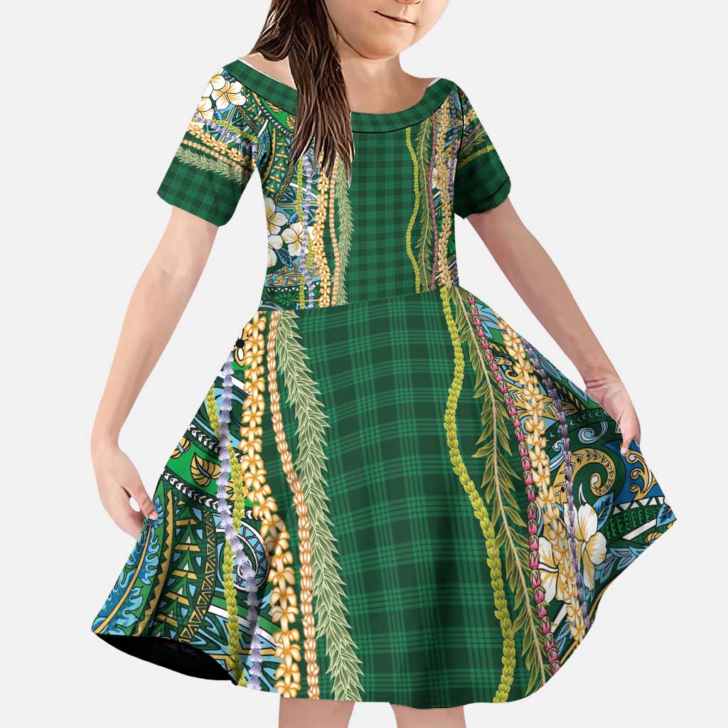 Hawaiian Art Flower Tribal with Lei Family Matching Puletasi and Hawaiian Shirt Palaka Pattern Green Color - Polynesian Pride