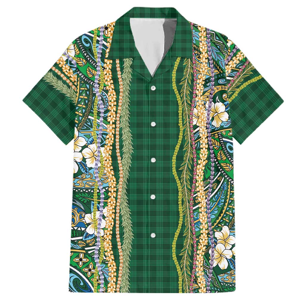 Hawaiian Art Flower Tribal with Lei Family Matching Puletasi and Hawaiian Shirt Palaka Pattern Green Color - Polynesian Pride