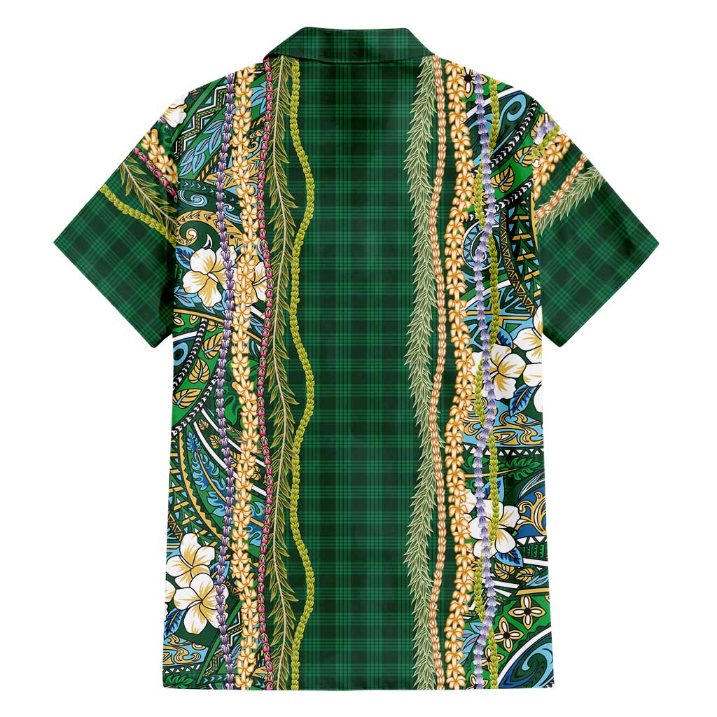 Hawaiian Art Flower Tribal with Lei Family Matching Puletasi and Hawaiian Shirt Palaka Pattern Green Color - Polynesian Pride