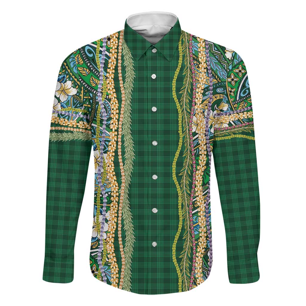 Hawaiian Art Flower Tribal with Lei Family Matching Puletasi and Hawaiian Shirt Palaka Pattern Green Color - Polynesian Pride