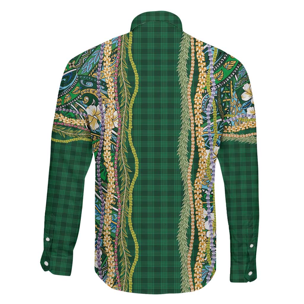 Hawaiian Art Flower Tribal with Lei Family Matching Puletasi and Hawaiian Shirt Palaka Pattern Green Color - Polynesian Pride