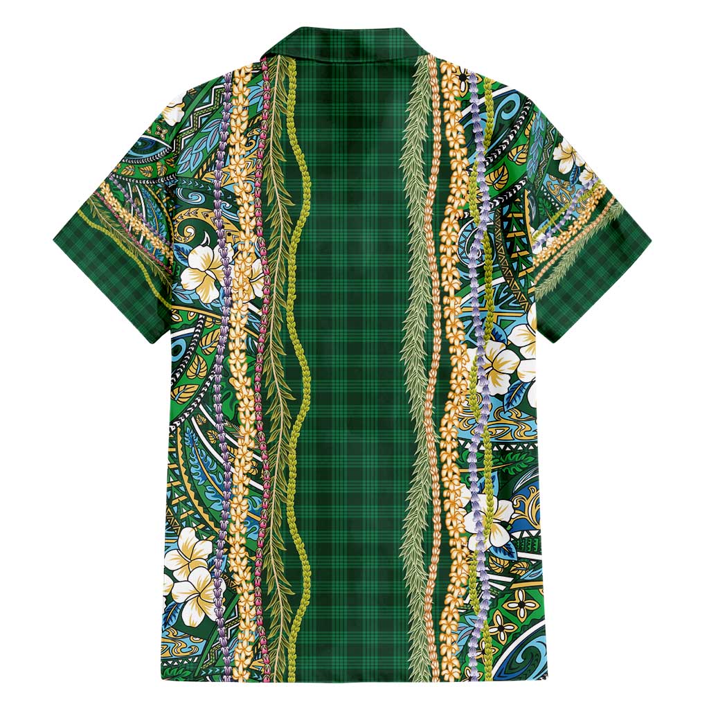 Hawaiian Art Flower Tribal with Lei Family Matching Short Sleeve Bodycon Dress and Hawaiian Shirt Palaka Pattern Green Color - Polynesian Pride