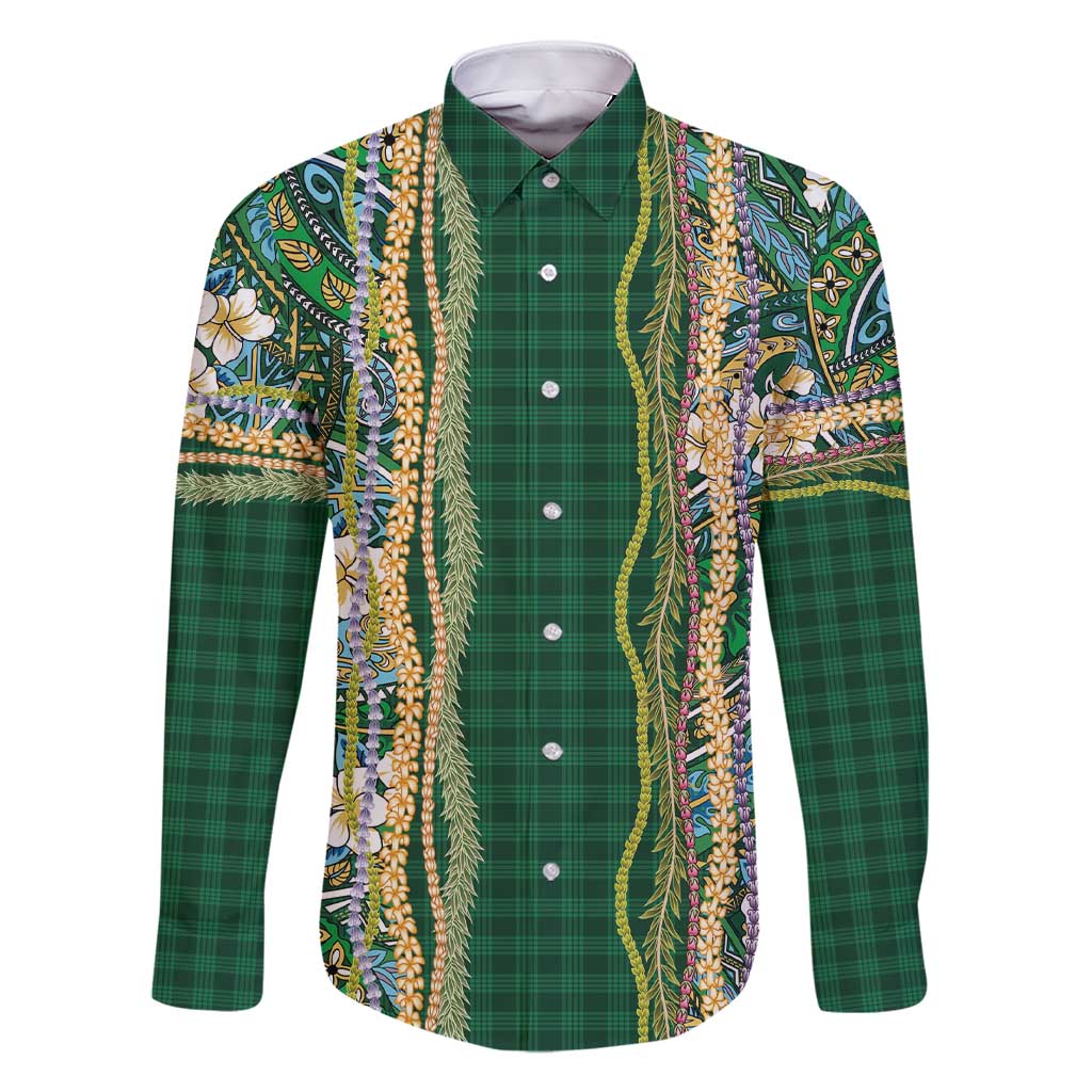 Hawaiian Art Flower Tribal with Lei Family Matching Short Sleeve Bodycon Dress and Hawaiian Shirt Palaka Pattern Green Color - Polynesian Pride